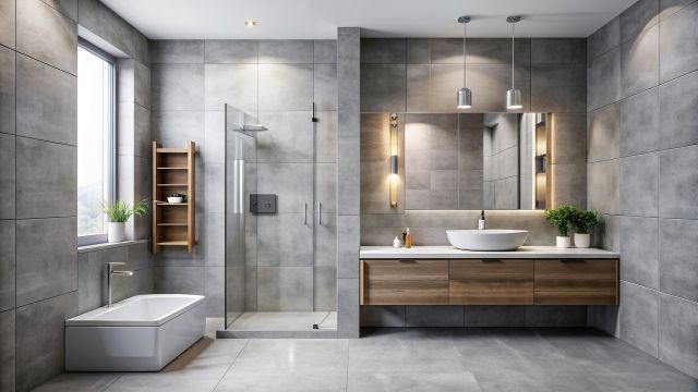 gray tile shower, white, sleek, functional, minimalist, bright, A modern bathroom featuring white walls a gray tile shower and a sleek cabinet and sink captured from a high angle